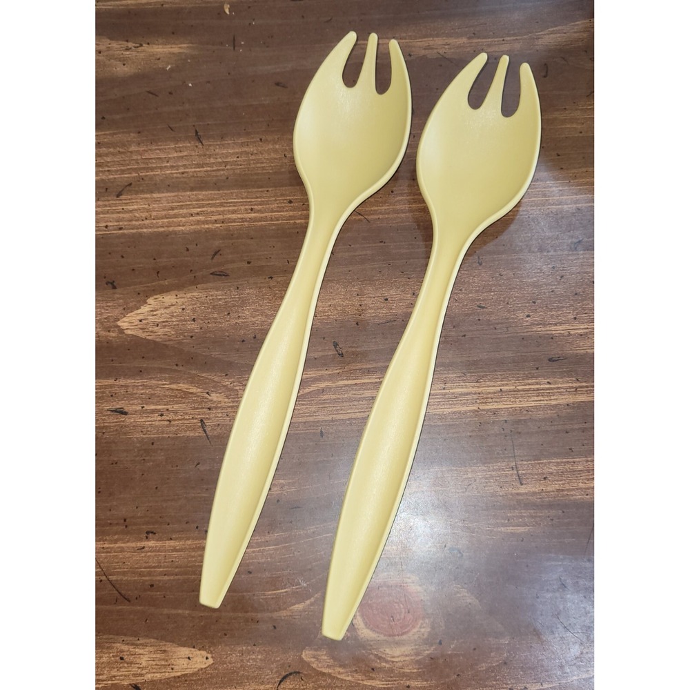 Vintage TUPPERWARE 12" Salad Spaghetti Serving Forks Spoons Tongs [Harvest Gold]